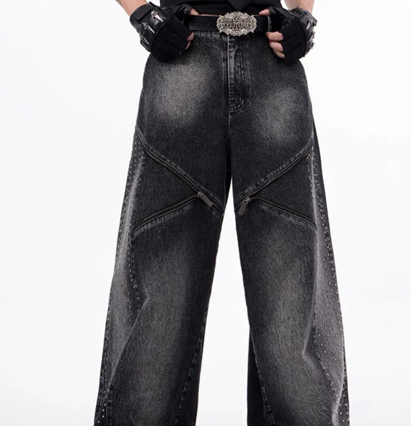 Black and grey wide leg pants with structure zipper and matching waistcoat set