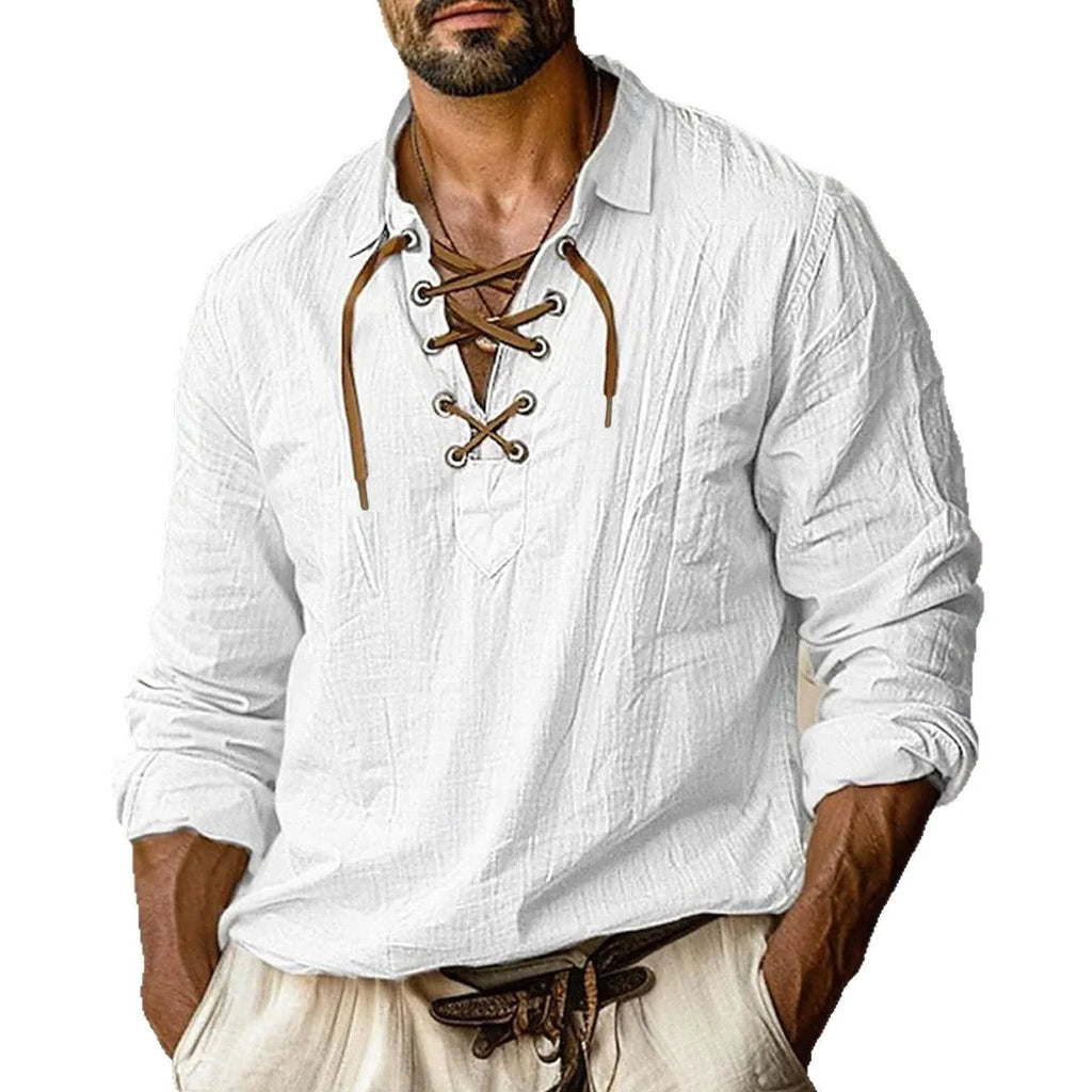 Men's plus size loose long sleeve shirt in blue with lapel collar and lace detail.