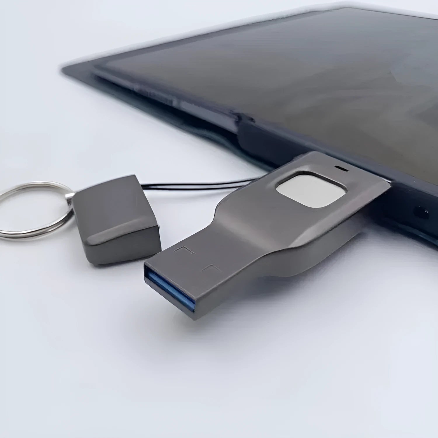 Black fingerprint USB flash drive showing USB 3.0 connector and Type-C port for computers and mobile devices