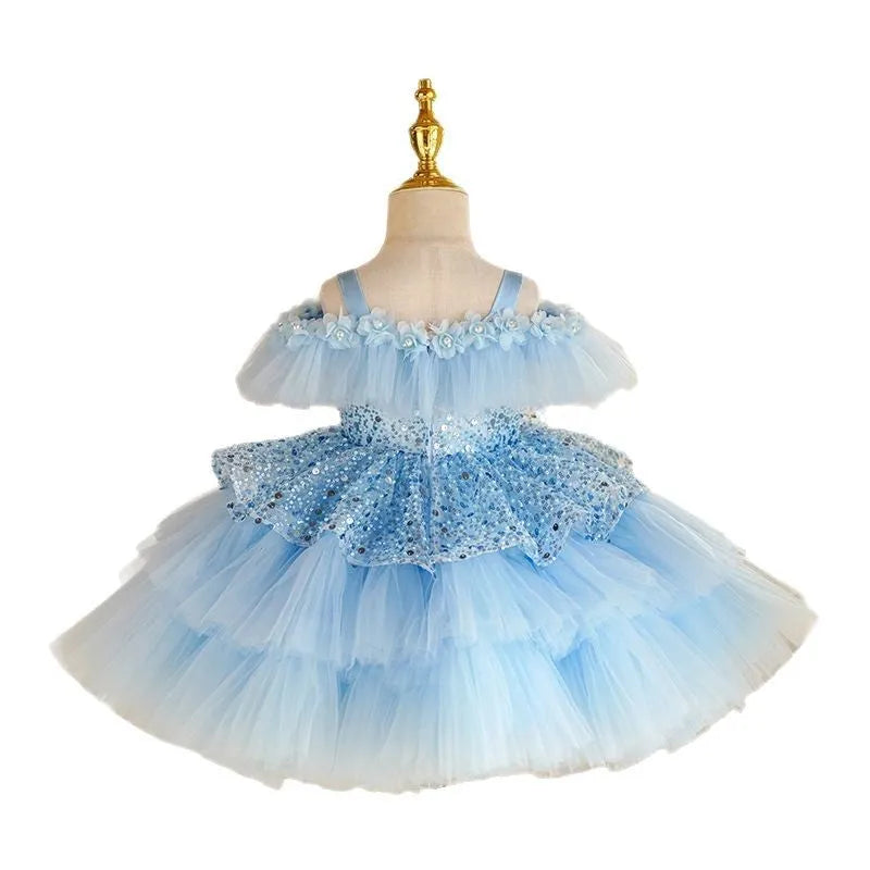 Sky blue children's princess dress made from polyester fibre, suitable for heights 80-150cm, for birthday parties and piano recitals