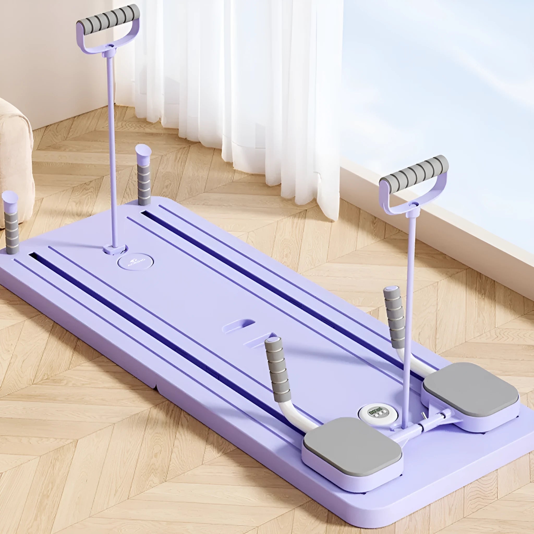 Standard purple multifunctional fitness board with integrated automatic rebound abdominal wheel for home workouts.