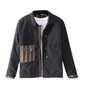 Men's black striped contrast jacket with zip front, cotton filling, side seam slip pockets, and straight hem.