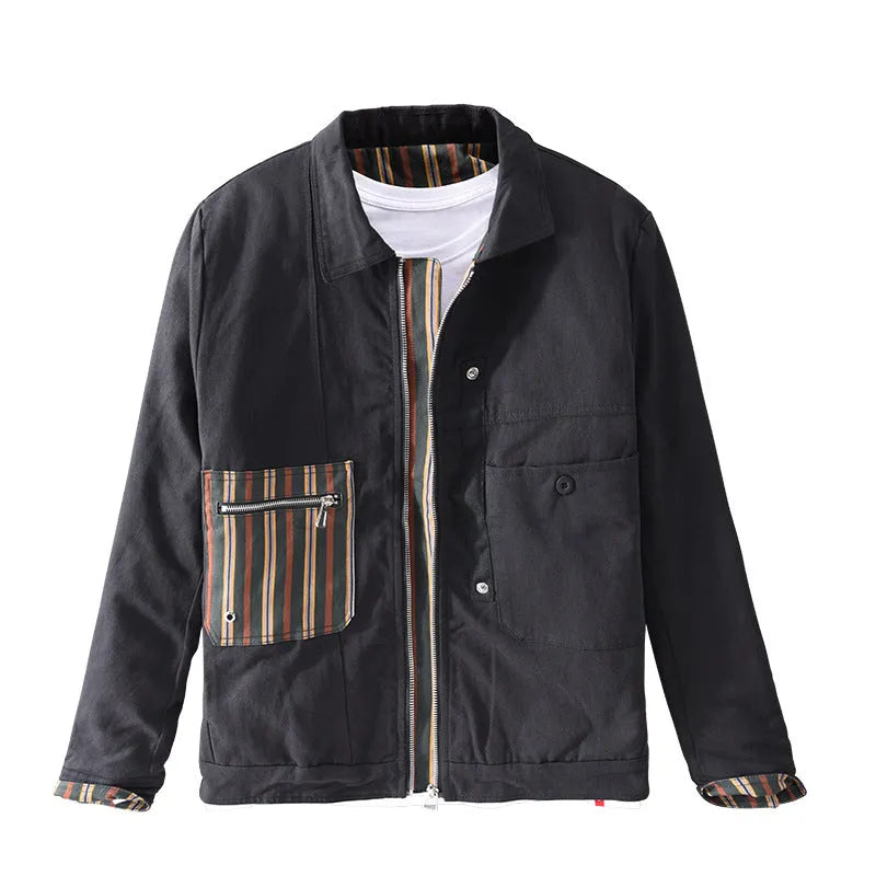 Men's black striped contrast jacket with zip front, cotton filling, side seam slip pockets, and straight hem.