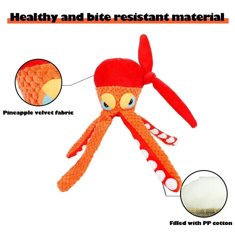 Orange octopus plush dog toy with squeaker measuring 24cm length for interactive play