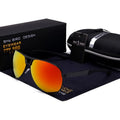 Men's orange red aviator sunglasses with polarised TAC lenses and metal frame on a plain background.