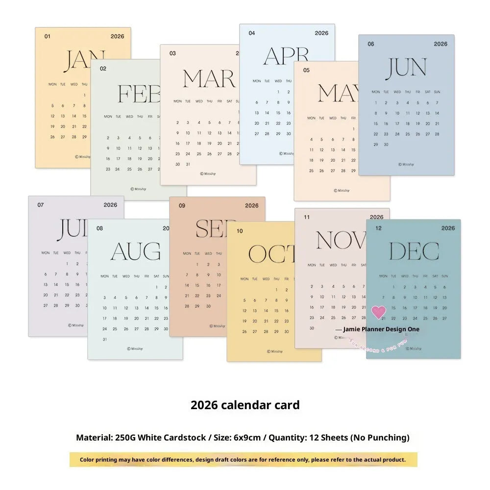 2026 Calendar Cards Calendar Fold set showing monthly calendar inner pages in basic packaging