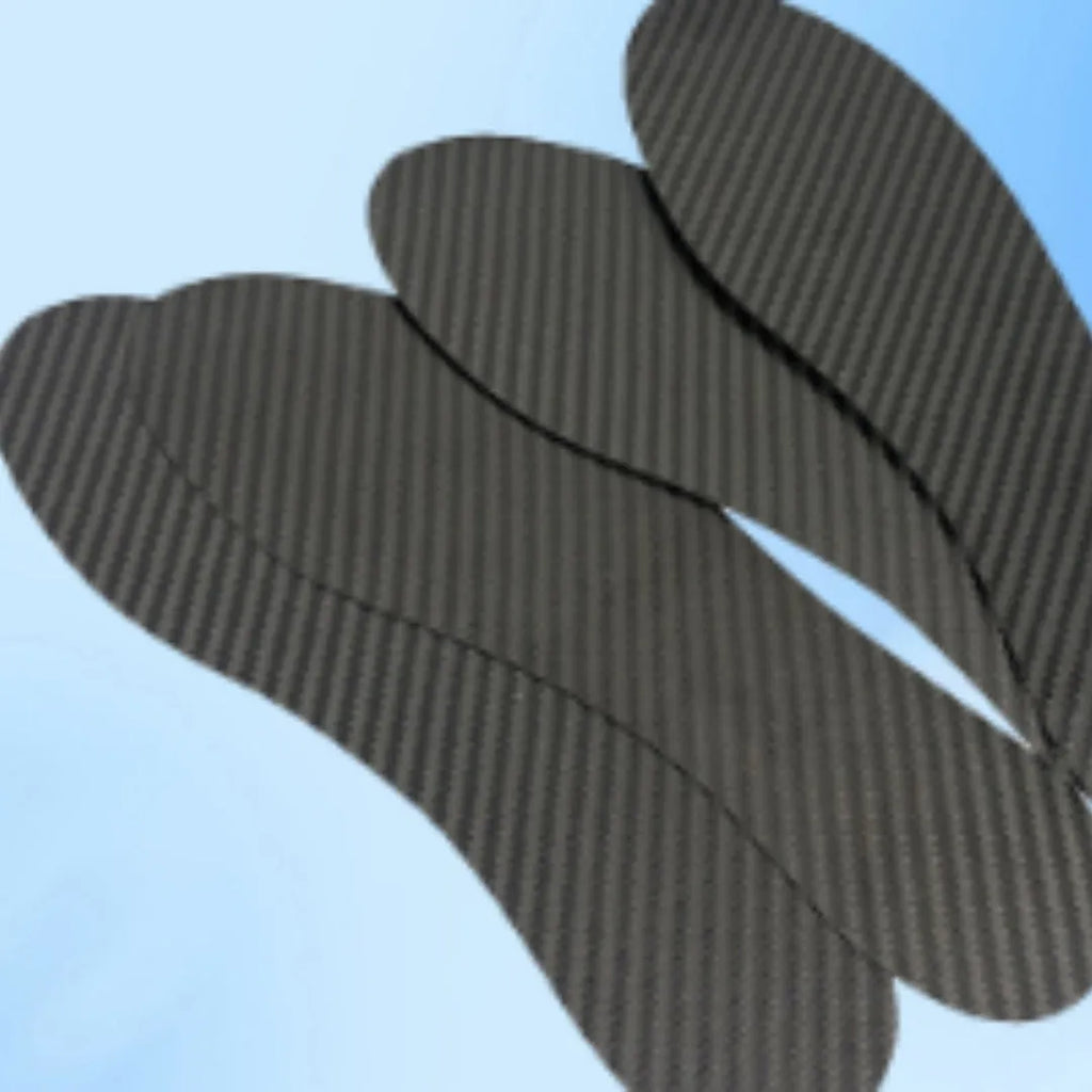 Black 3K carbon fibre running insoles showing full palm weave, available in multiple sizes and thicknesses.