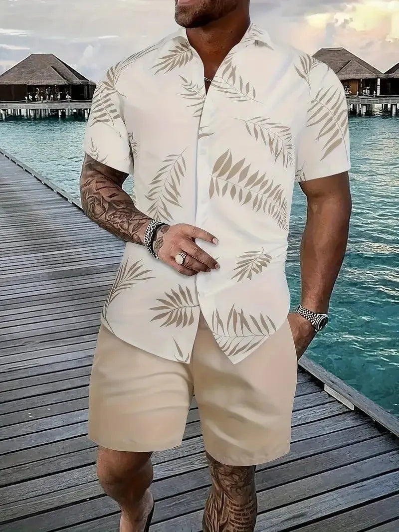 Man wearing a 3D printed Hawaiian short sleeve shirt with matching casual shorts.