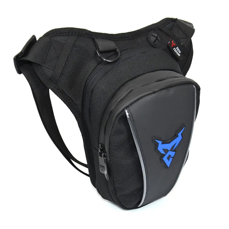 0105MC motorcycle leg bag in 1200D Oxford cloth shown in blue, with adjustable strap for multiple carry positions.