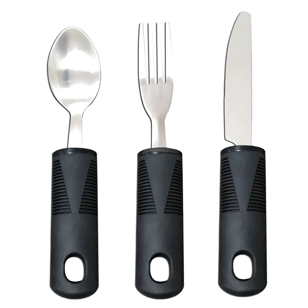 Stainless steel adaptive knife, fork, and spoon with black rubber handle for assisted eating.
