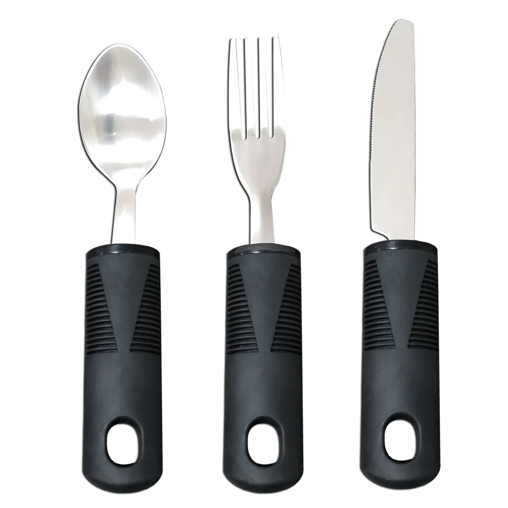 Stainless steel adaptive knife, fork, and spoon with black rubber handle for assisted eating.