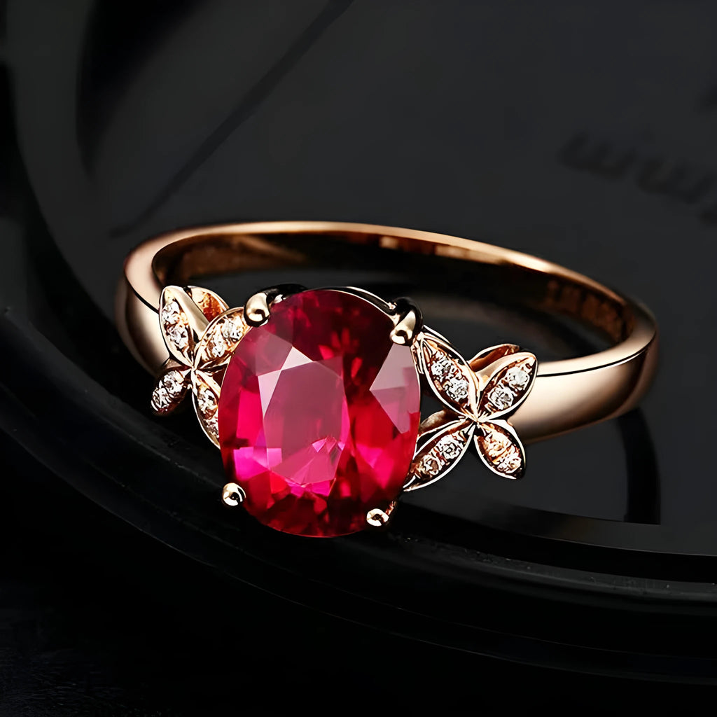 Women's copper butterfly and heart shape ring with 18k rose gold plating in red and blue colour options.