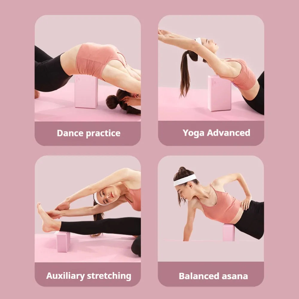 Solid blue EVA foam yoga brick with ridged hexagonal surface, shown next to a pink block.