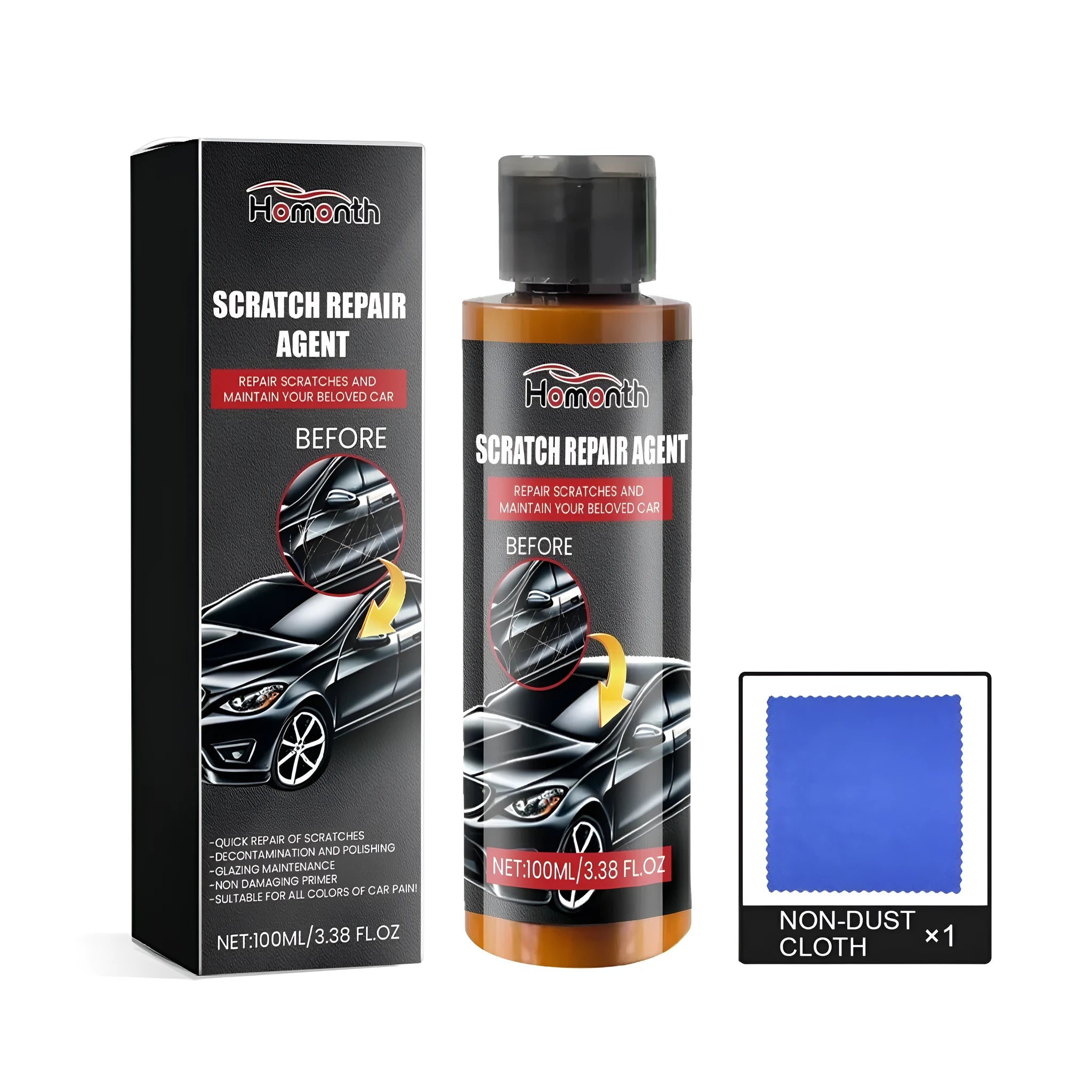 100ml car scratch repair wax in PET bottle with 20x20cm microfibre cloth