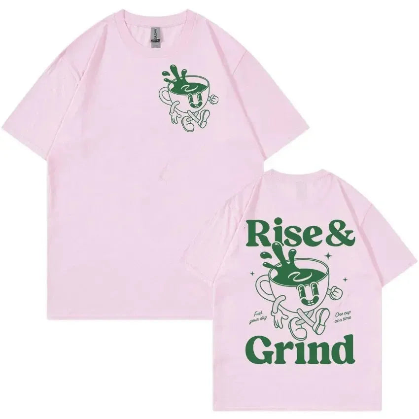 Loose fit linen t-shirt with a cartoon graphic of a green coffee bag and 'Rise And Grind' text.