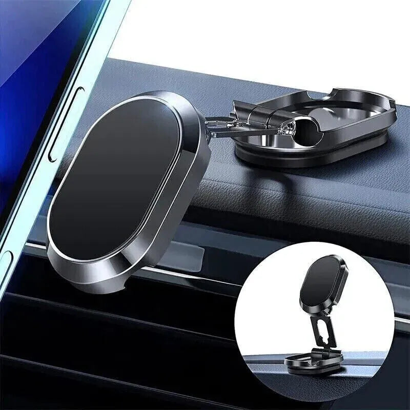 Chrome magnetic car phone holder with foldable bracket and 360-degree swivel on a car dashboard