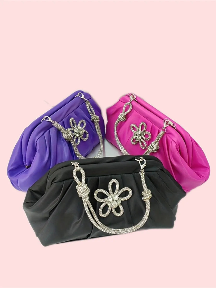 Women's soft polyester messenger bag in lavender purple with a chain strap and shell shape.