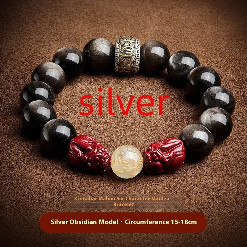Hand-carved golden ox charm bracelet with beads in silver gift box