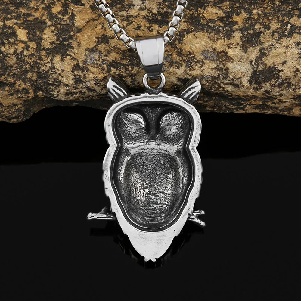 Titanium steel men's necklace with polished black eye owl pendant on O-link chain