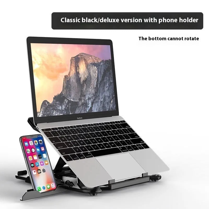 Black ABS plastic laptop bracket elevating laptop above desk surface