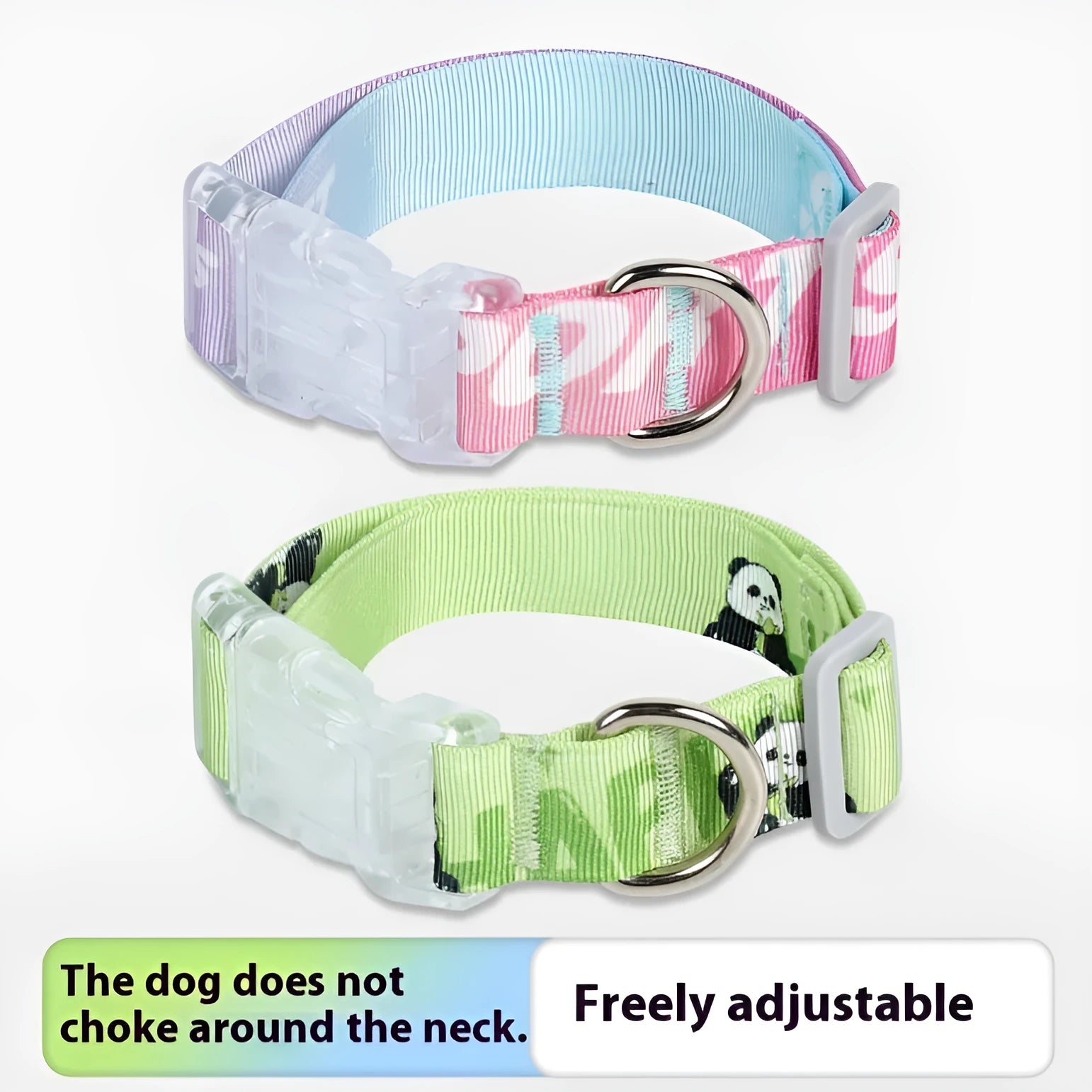 Adjustable nylon dog collar with vibrant cartoon gradient colours and a metal buckle on a green background.