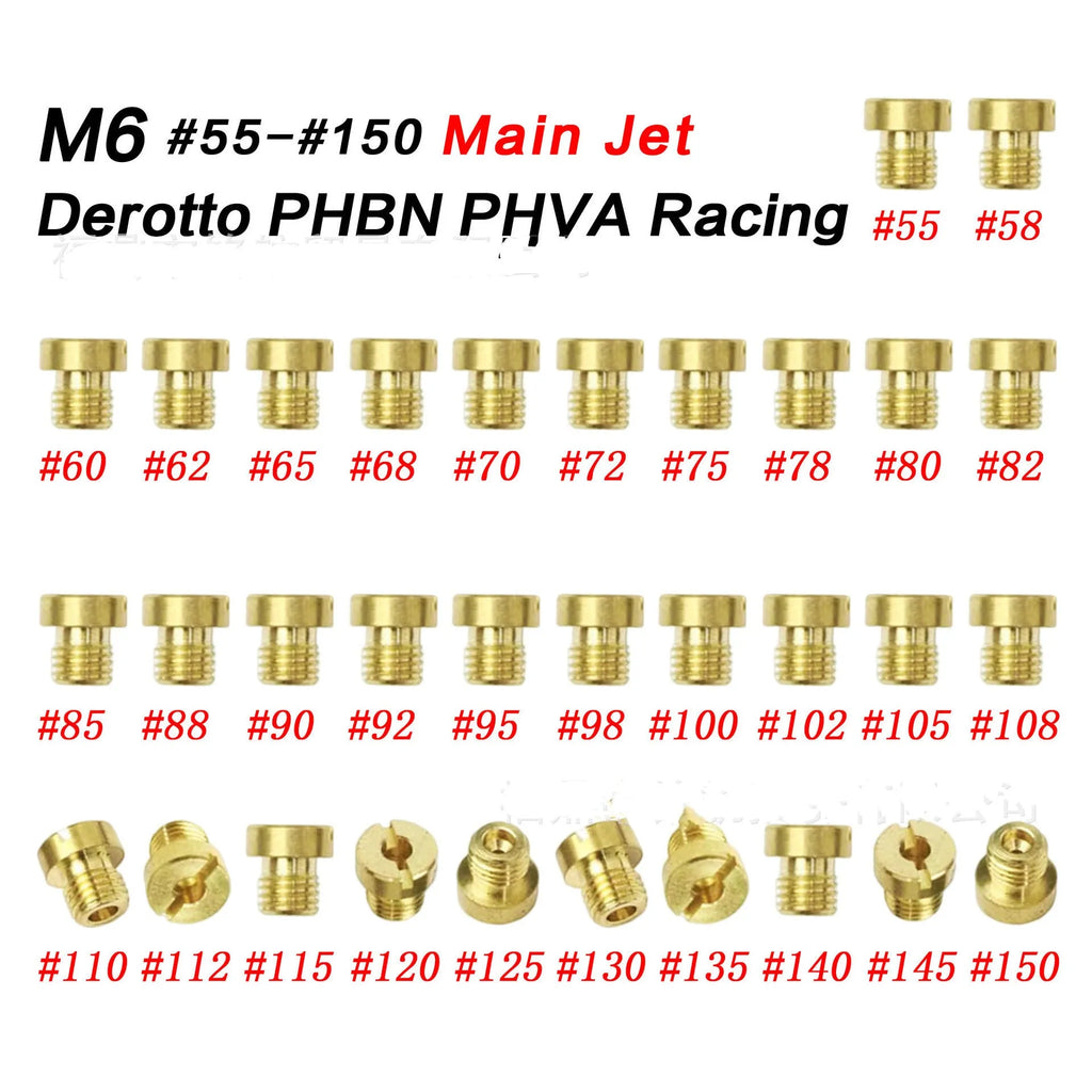 M6 thread carburetor main jet for Derotto PHBN and PHVA carburettors on a white background.