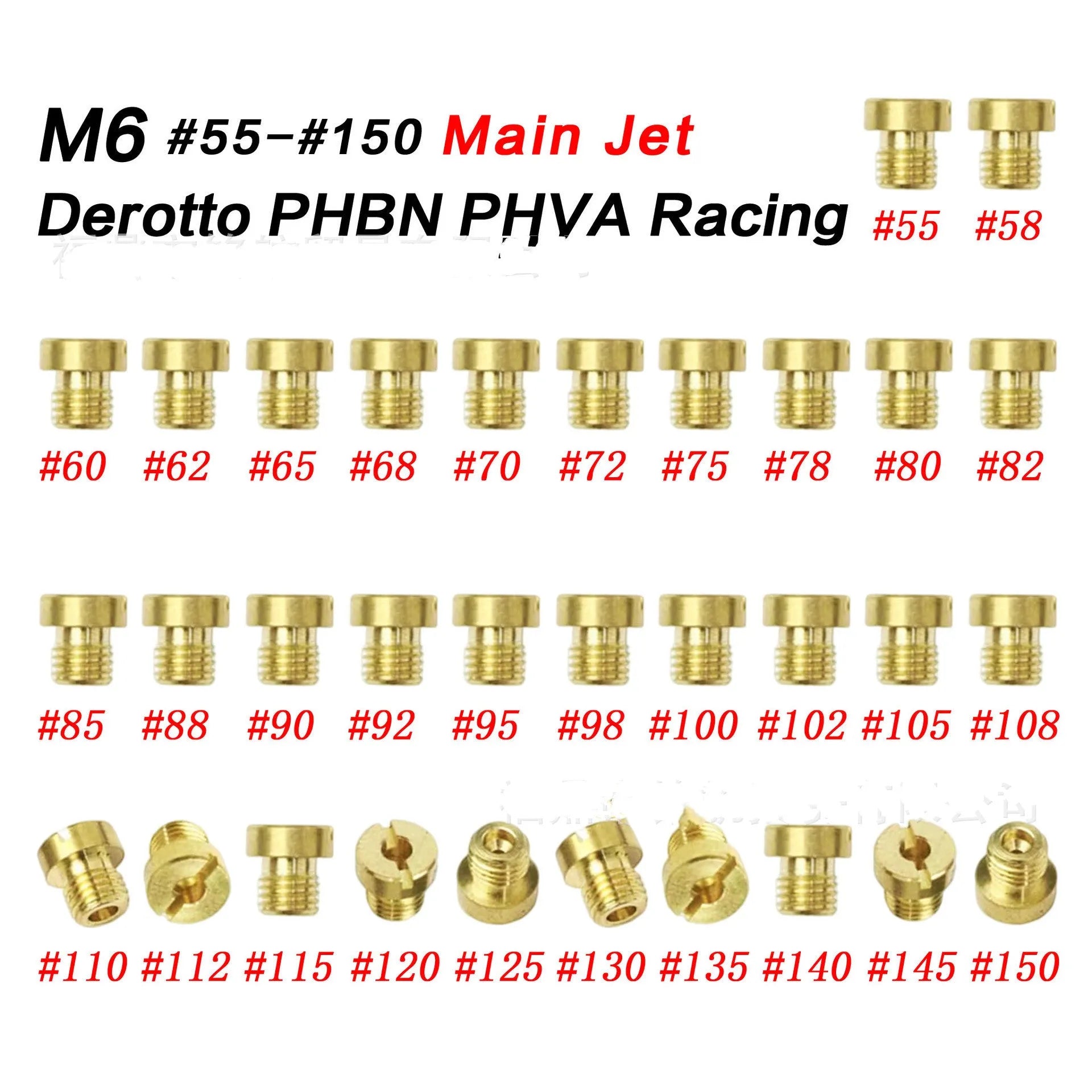 M6 thread carburetor main jet for Derotto PHBN and PHVA carburettors on a white background.