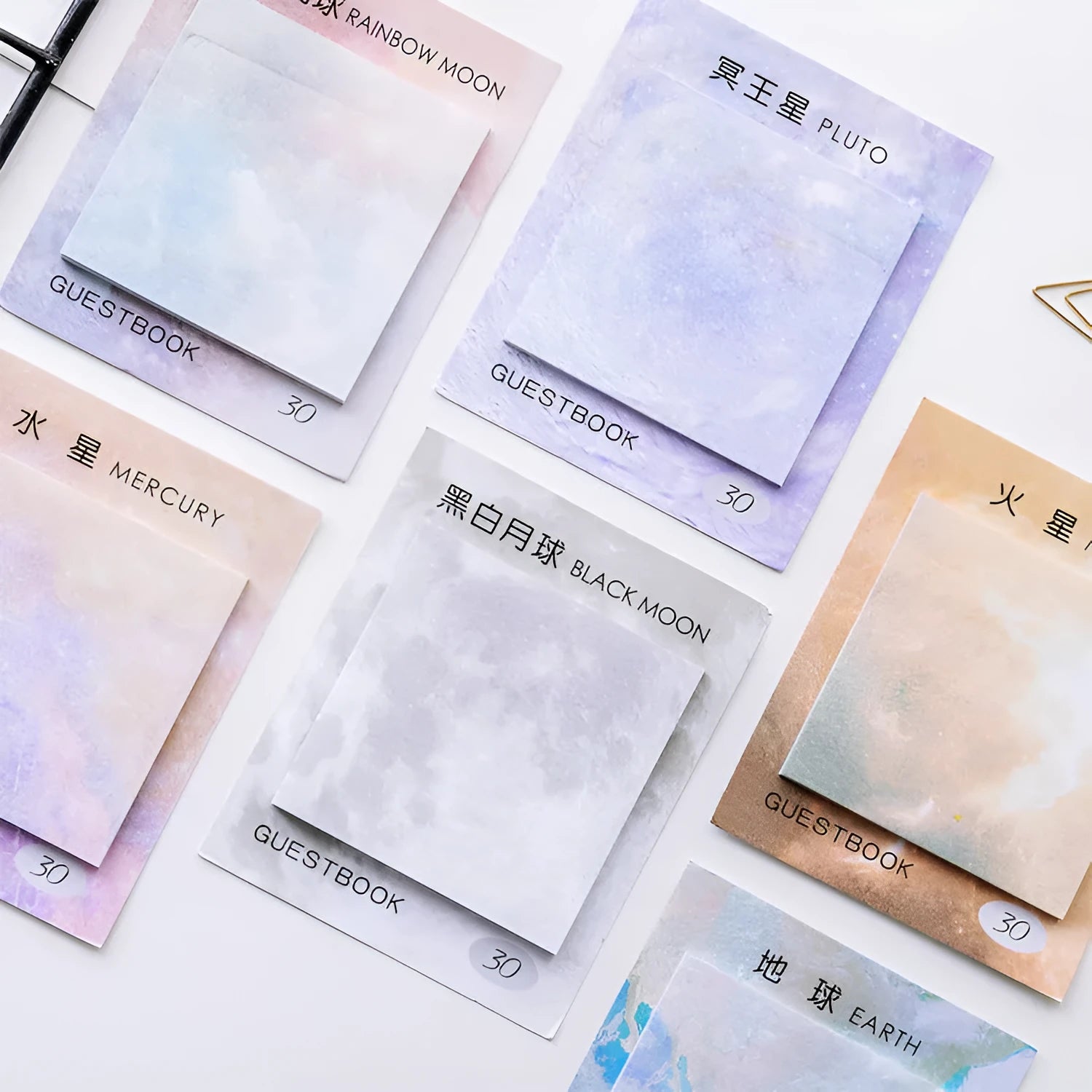 Square planet-themed sticky note pad measuring 7.3 by 7.3 centimetres.