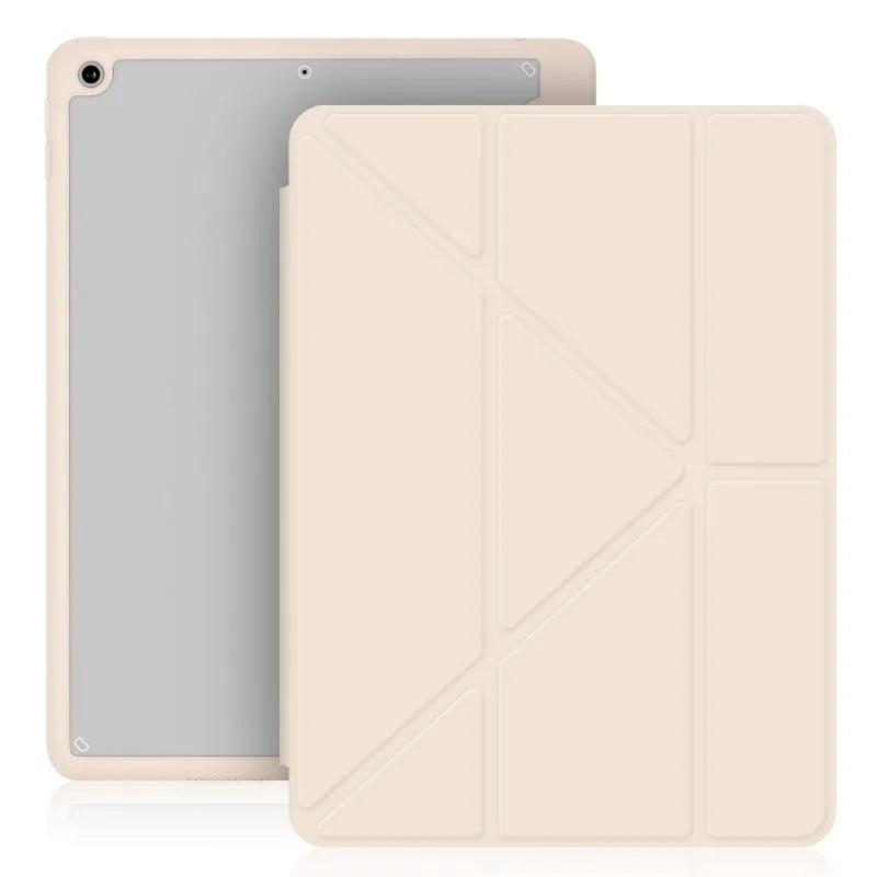 Acrylic Y-folding protective case for iPad with integrated pen slot, shown in dark grey.