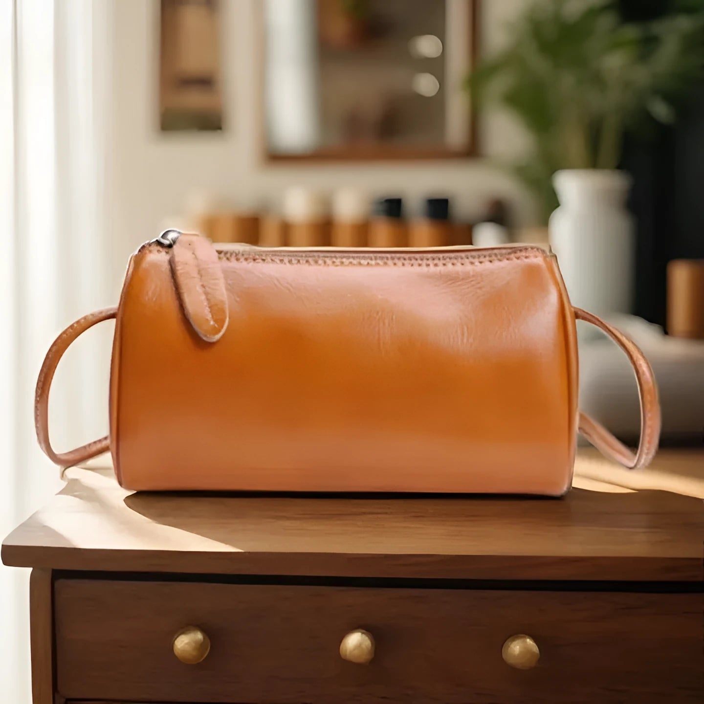Women's genuine leather pillow crossbody bag in retro style, soft finish, compact size 20CMx8CMx15CM