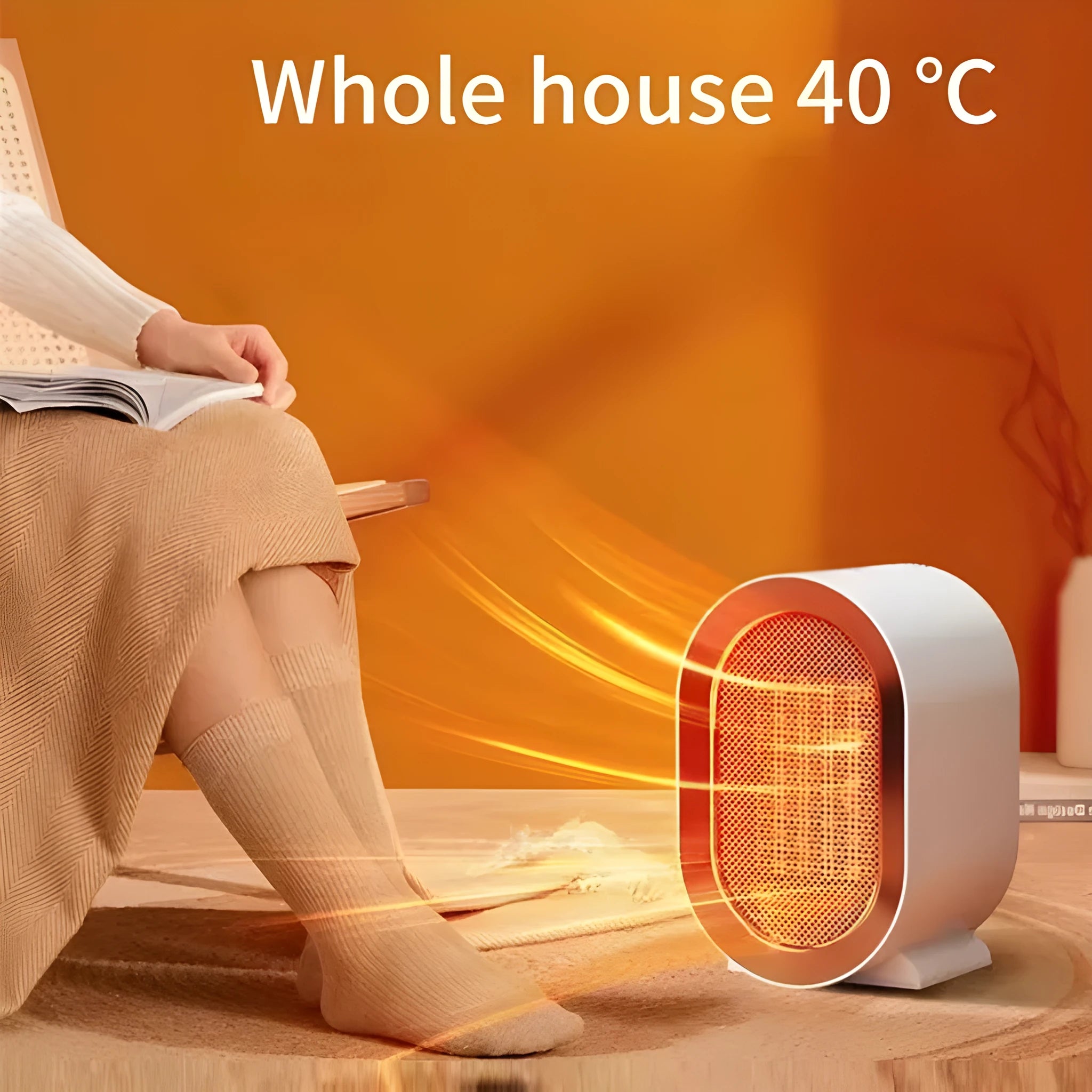 Compact black desktop electric fan heater with a front grille and mechanical control dials.