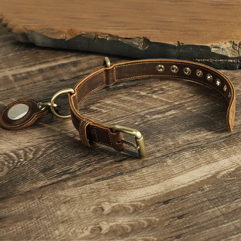 Brown handmade leather dog collar with retro styling and halter positioning for tracking