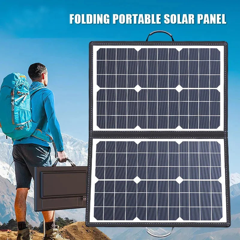 Black foldable solar panel bag showing its compact size and textured solar cell surface.
