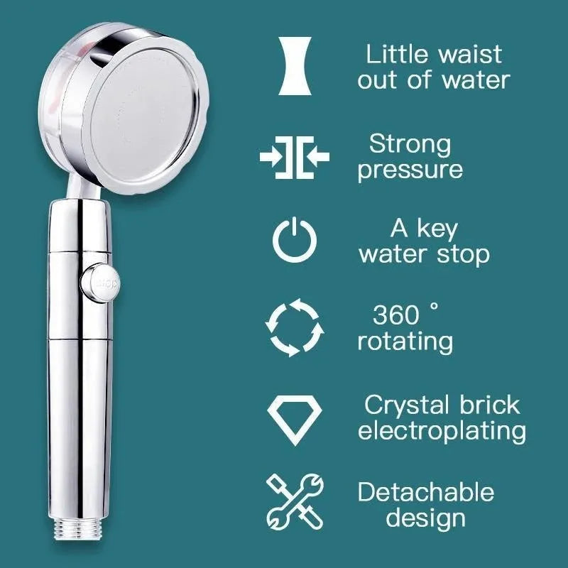 Blue handheld shower head with stop button and turbo nozzle on a chrome bracket.