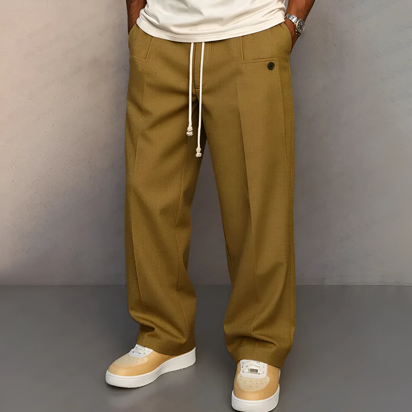 Casual straight leg drawstring pants in solid colour, polyester blend fabric, leisure wear