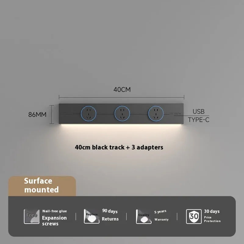 Induction lamp rail socket in black on a sideboard cabinet track with white background