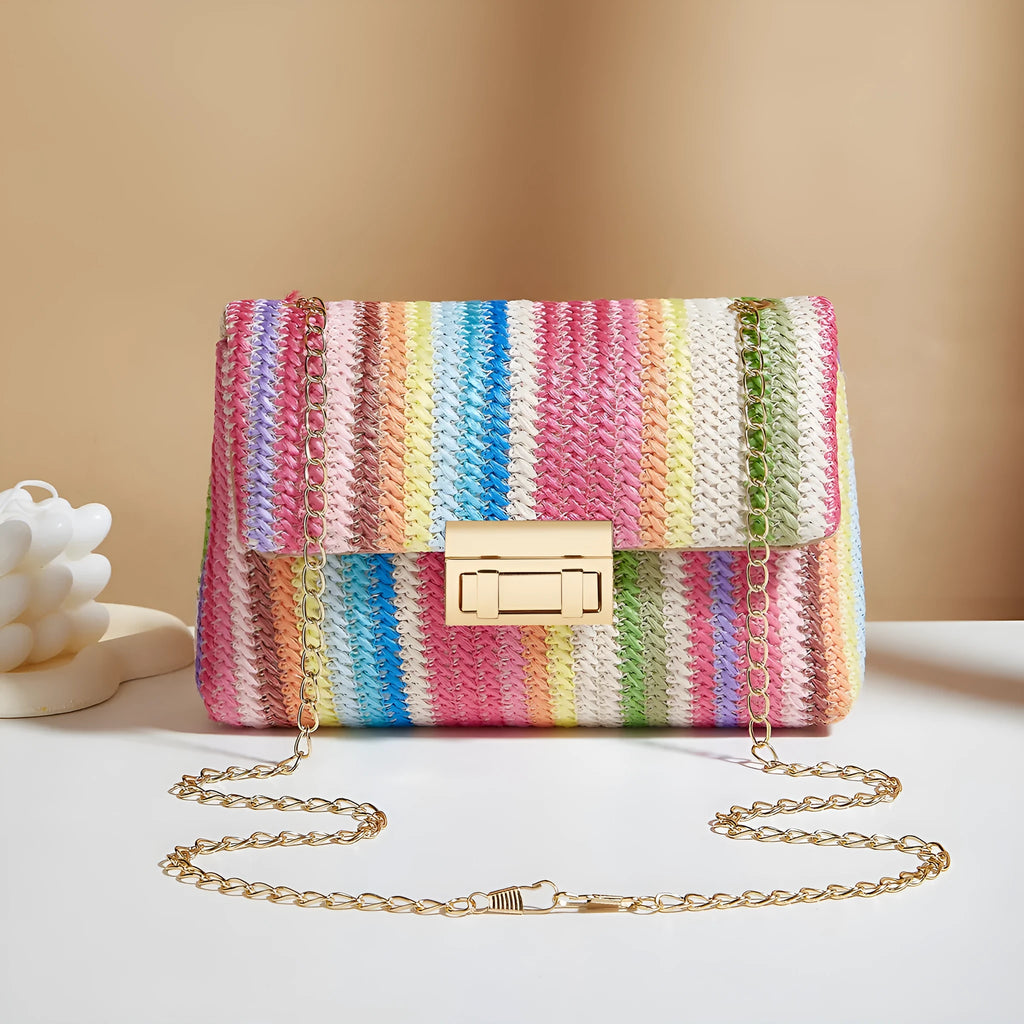 Women's small square straw cross-body bag in rainbow colour with mobile phone compartment