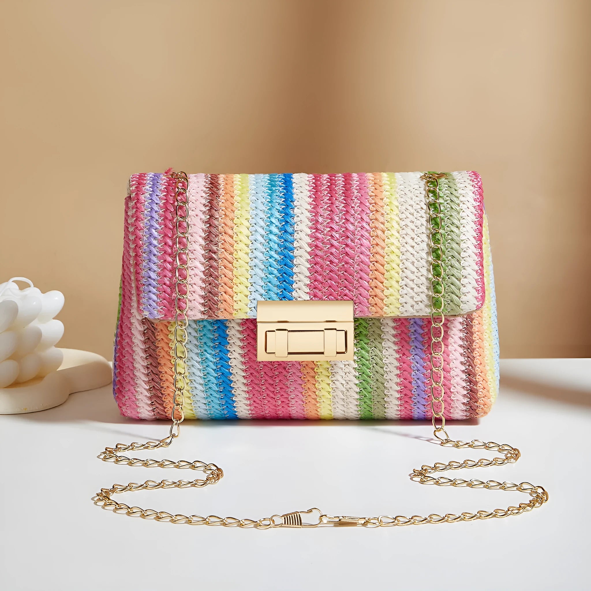 Women's small square straw cross-body bag in rainbow colour with mobile phone compartment