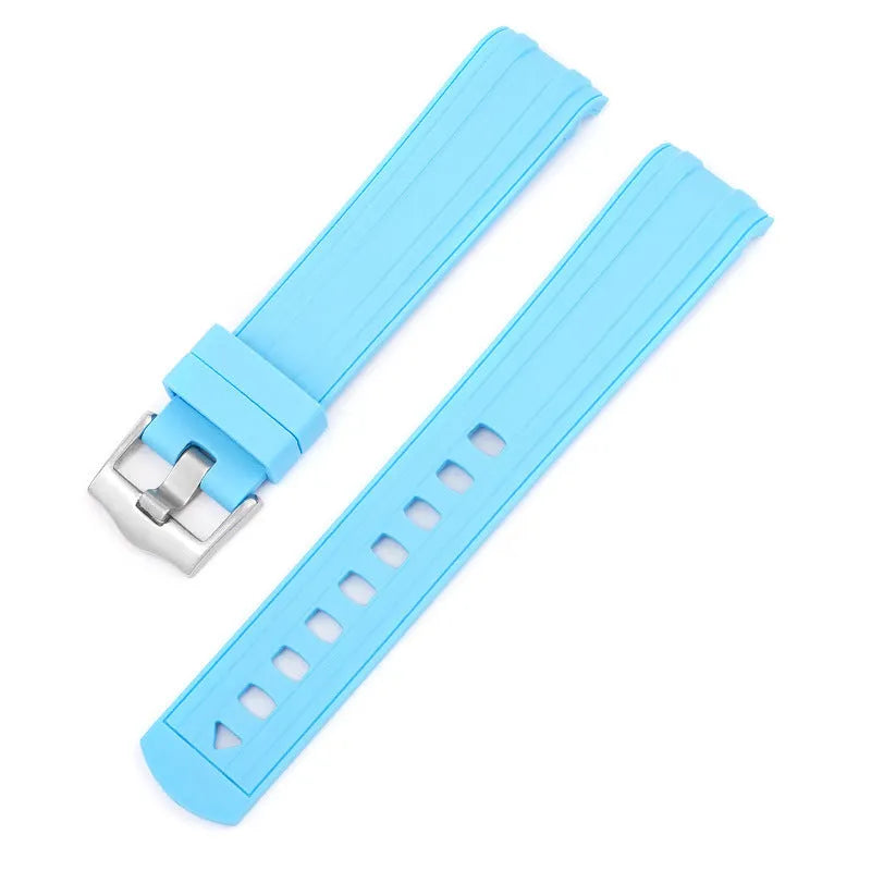 20mm Apple Watch replacement strap in multiple colours with silver buckle, shown fitting a watch.