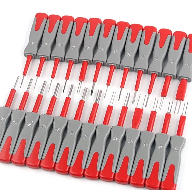 Car terminal removal tool kit with 25 pieces including needles and pull-out keys in a storage case.