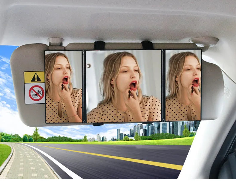 Silver car folding makeup mirror shown closed and opened, with ABS plastic frame and glass mirror.