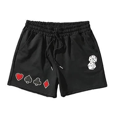 Man's thin polyester mesh beach shorts in a solid colour with a printed design, laid flat.