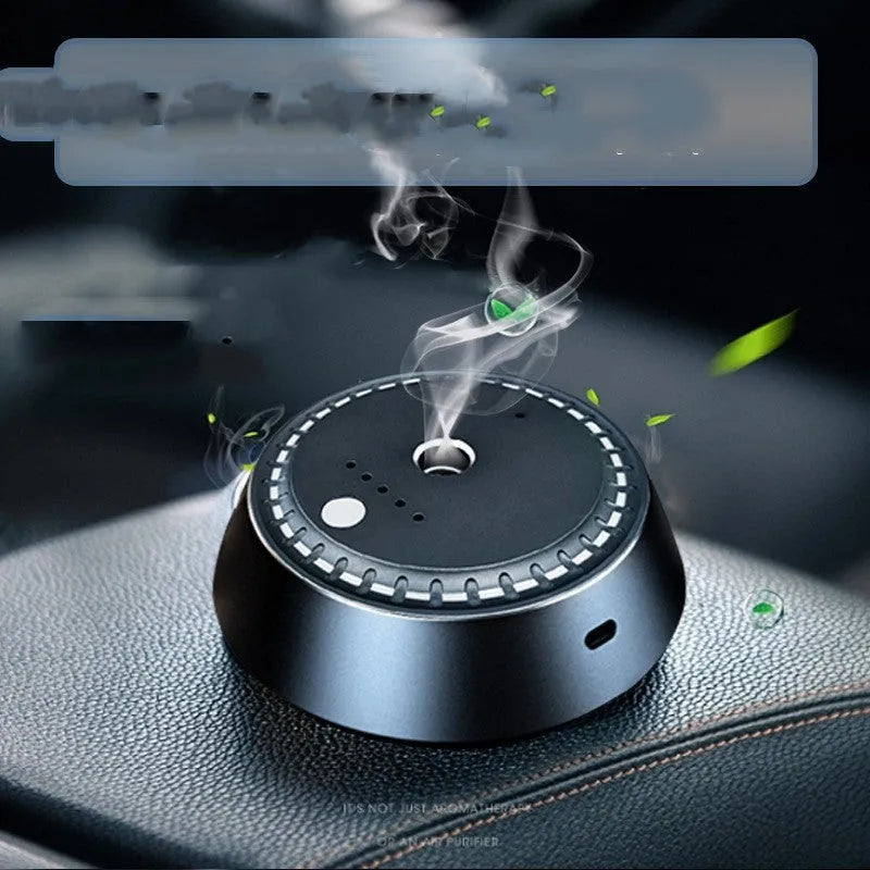 Black metal car aroma diffuser with USB charging port and 9x4.5cm dimensions
