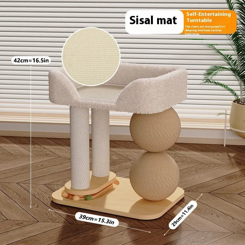 Solid pine cat bed with enclosed sides and two tall sisal scratching posts, featuring a reversible plush sleeping mat inside.