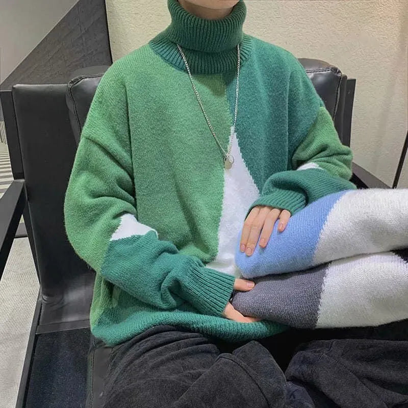 Men's contrasting colour high-neck pullover sweater in thickened polyester knit, black colour option