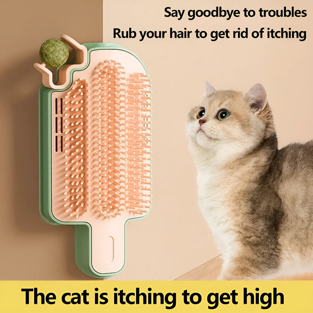 Ice cream-shaped cat scratching toy with corner rubbing post, mint ball, and feather attachment on white background.
