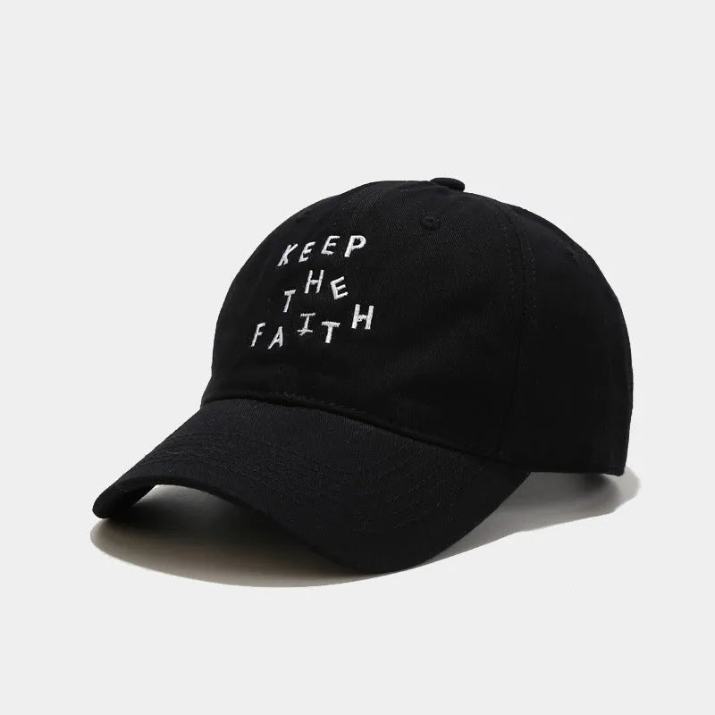 Men's beige cotton baseball cap with small black letter embroidery on front