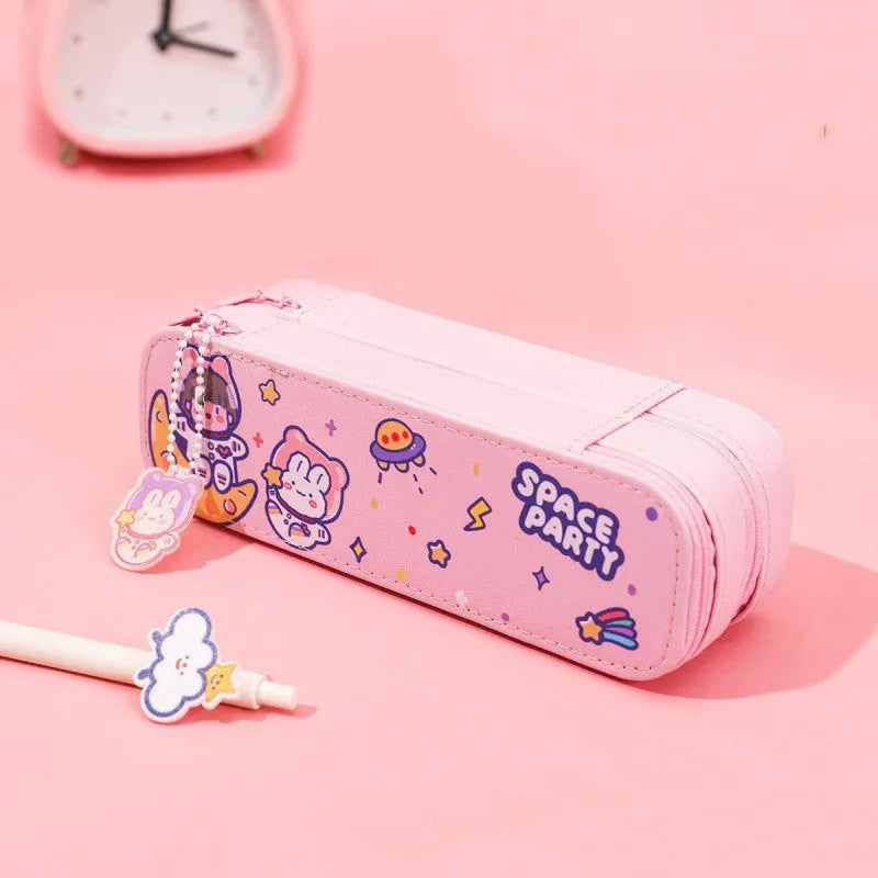 Cute astronaut double-layer PU pencil case in colourful cartoon design with multiple colour options