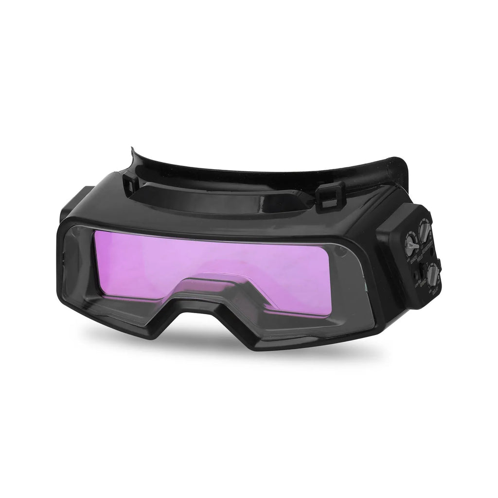 Black automatic darkening welding mask and glasses with a large rectangular viewing lens.