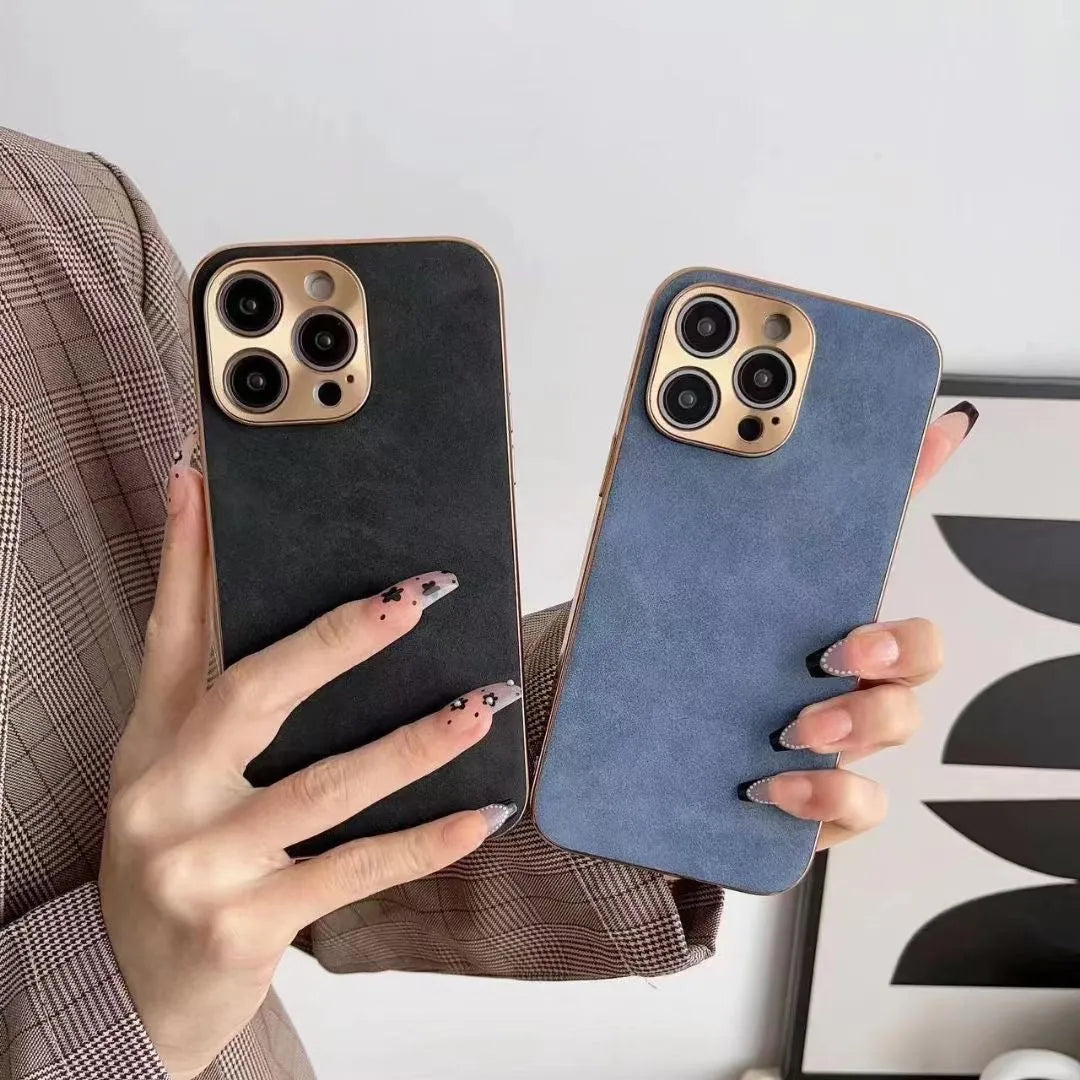 Slim grey leather texture TPU phone case for iPhone showing raised bezel around screen and camera.